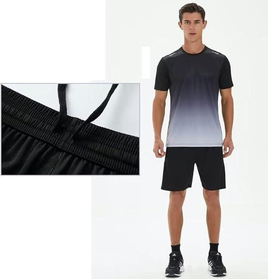 Men wearing casual summer outfit for men with black gradient t-shirt and black shorts with drawstring