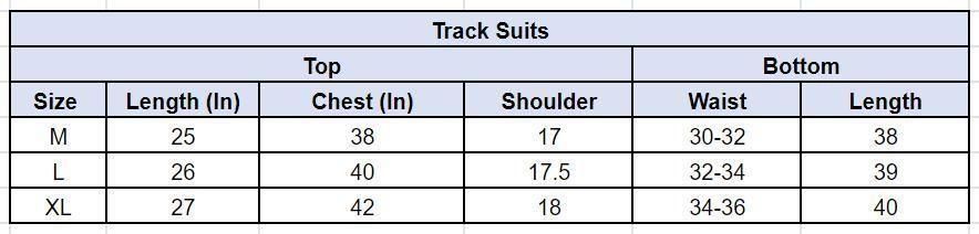 Size chart for men's track suits detailing top and bottom measurements for casual summer outfit for men