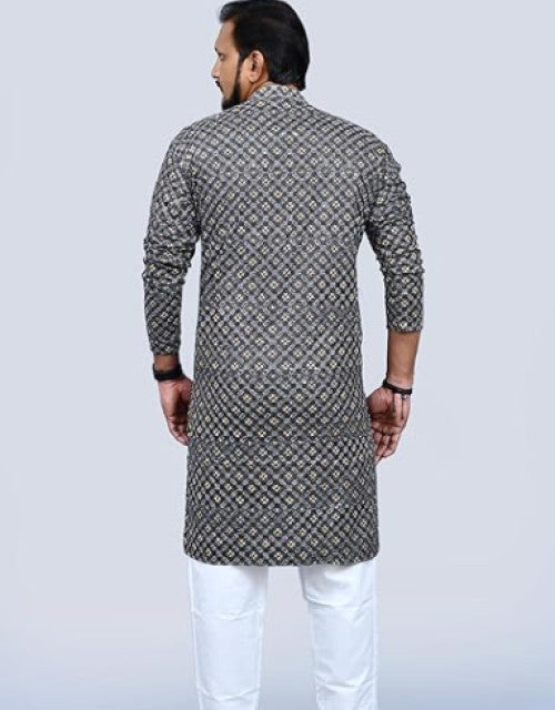 Back view of man wearing Kashmiri embroidered kurta for men paired with white shorts by Dropdash