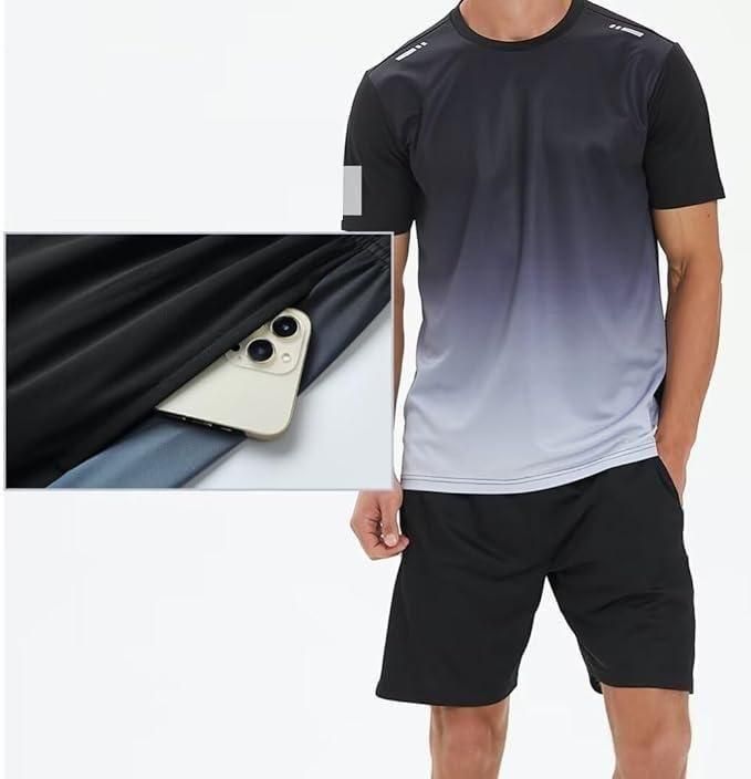 Men's casual summer outfit with black and gray gradient shirt and black shorts with hidden pocket for phone