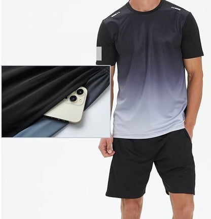 Men's casual summer outfit with black and gray gradient shirt and black shorts with hidden pocket for phone