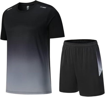 Black and gray gradient t-shirt with matching black shorts casual summer outfit for men