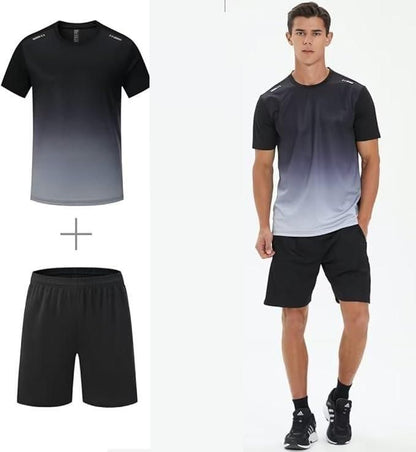 Men wearing casual summer outfit for men with gradient black to gray t-shirt and black shorts