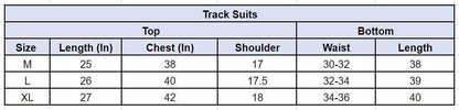 Size chart for men's track suits with measurements for top and bottom in inches, ideal for casual summer outfit for men