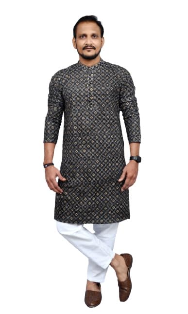 Man wearing Kashmiri embroidered kurta for men paired with white shorts and brown loafers