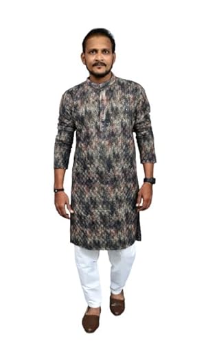 Man wearing a Kashmiri embroidered kurta for men paired with white pants and brown shoes