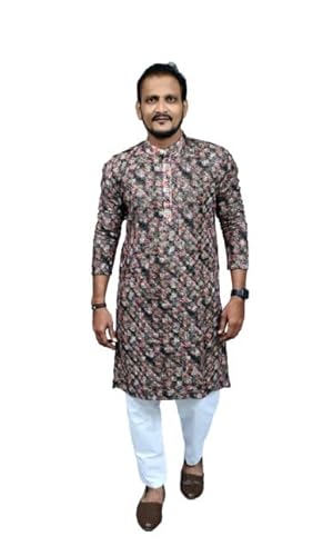 Man wearing Kashmiri embroidered kurta for men with floral designs paired with white pants
